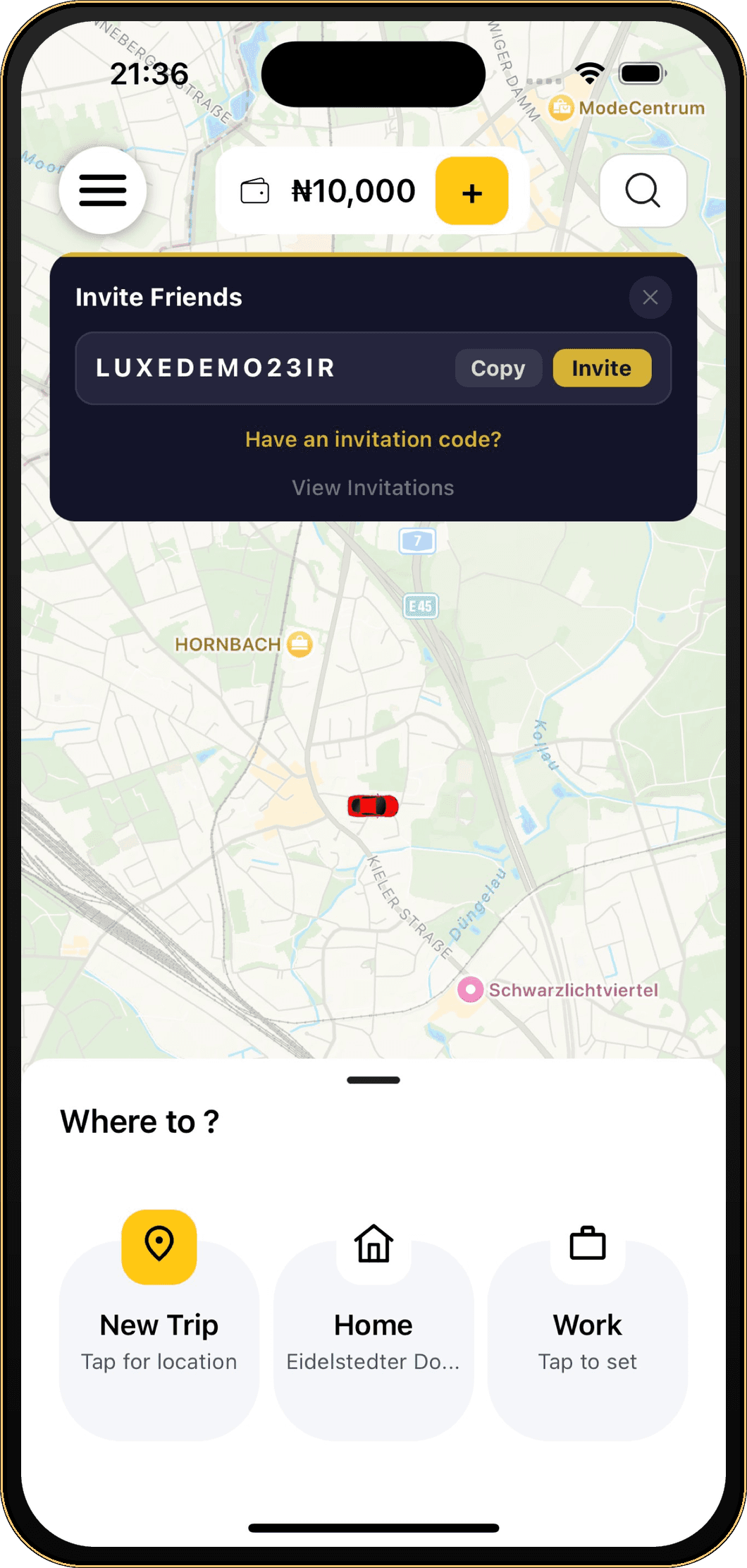LuxyRide app home screen showing map and Where to options